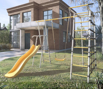 Дачный комплекс "Богатырь" + ПЛАСТИКОВЫЕ качели Romana 103.07.06 (серый/жёлтый)