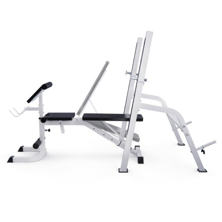 Скамья со стойками под штангу DFC GORILLA белая, с партой для бицепса