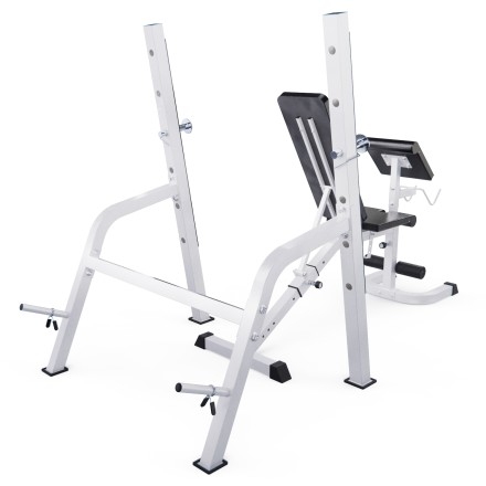 Скамья со стойками под штангу DFC GORILLA белая, с партой для бицепса