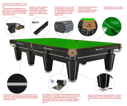 Стол / снукер "Magnum Pro" 12 ф (черный, плита 50 мм в комплекте) с системой подогрева плит