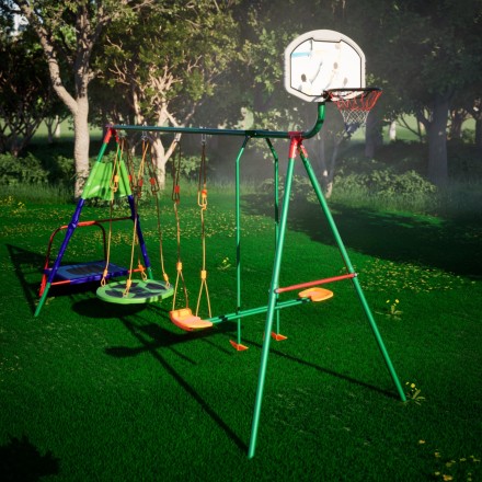 Детский комплекс DFC MULTIPLAY качели: планер, верёвочные, гнездо; мини-батут и баскетбольный щит Детский комплекс DFC MULTIPLAY качели: планер, верёвочные, гнездо; мини-батут и баскетбольный щит