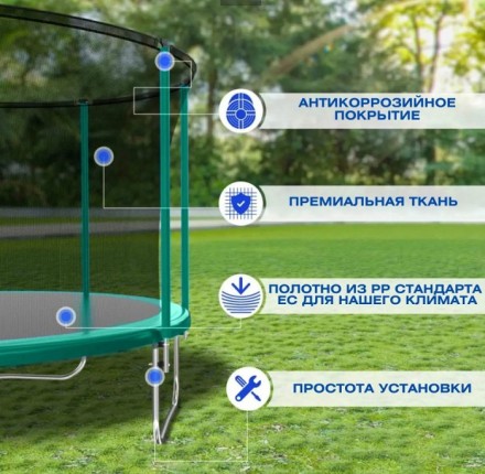 Батут с защитной сеткой "PERFETTO SPORT ACTIVITY 12" диаметр 3,7 м зелёный/синий